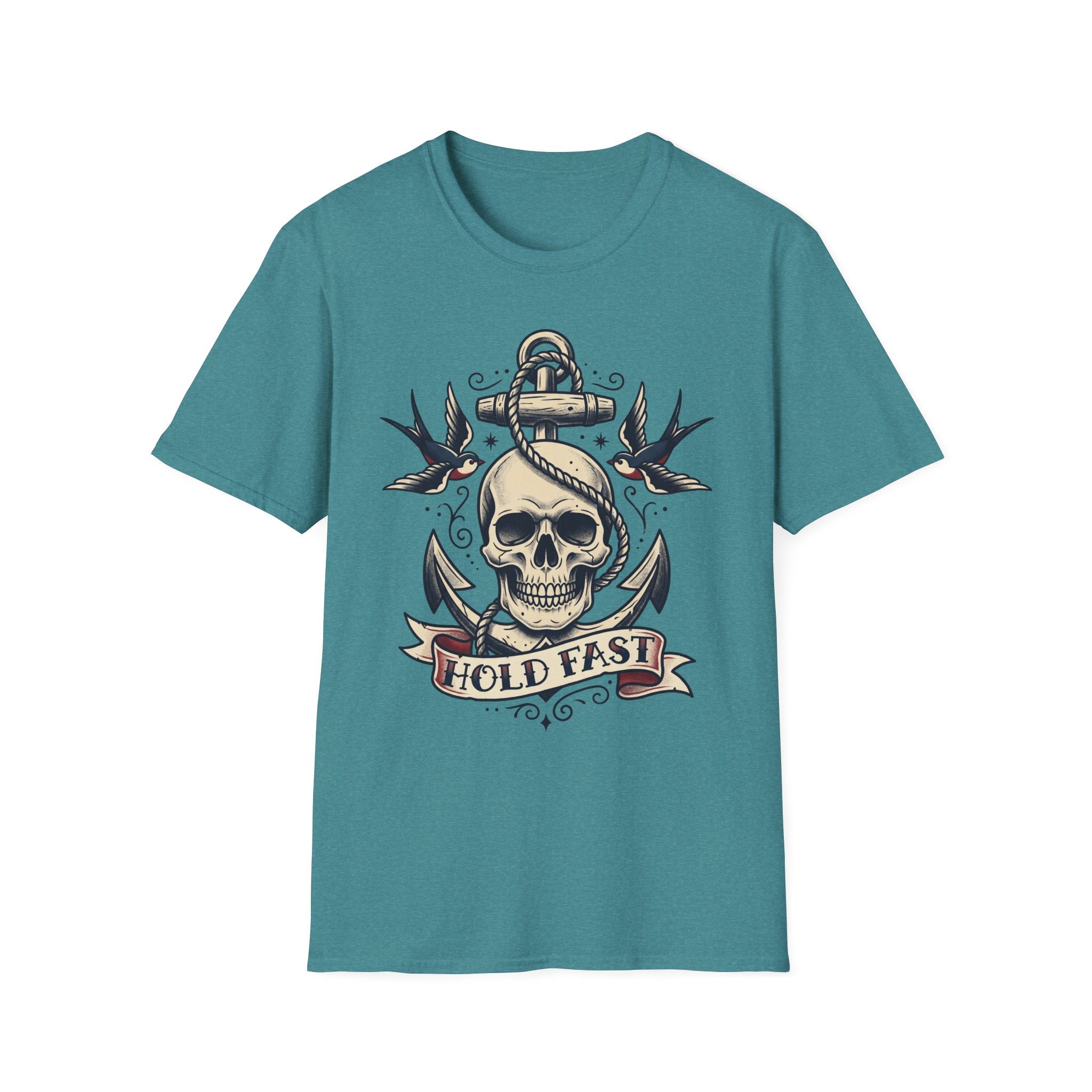 Teal T-shirt with skull anchor tattoo graphic and “HOLD FAST” banner
