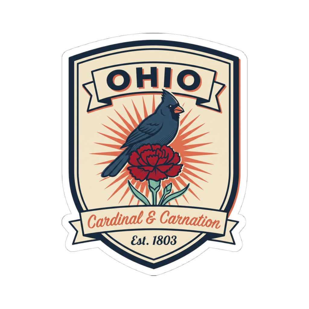 Ohio vintage badge decal sticker: blue cardinal, red carnation, Est. 1803 on white