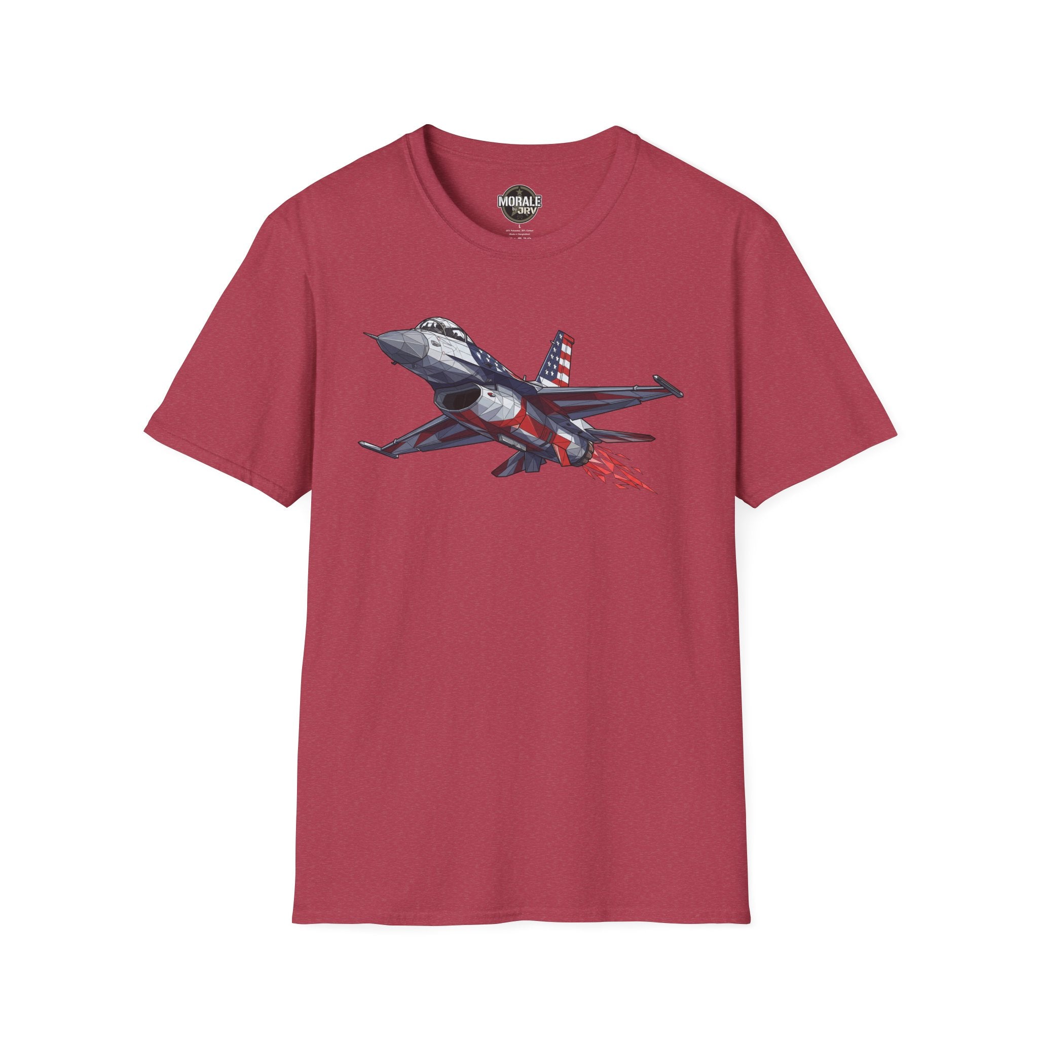 F-16 T-Shirt, burgundy, front graphic of jet with American flag and red motion trail