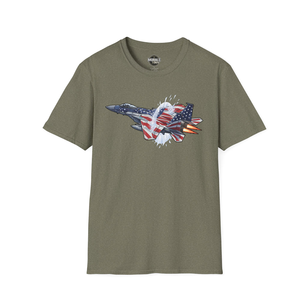 Heather military green T-shirt with American flag fighter jet graphic