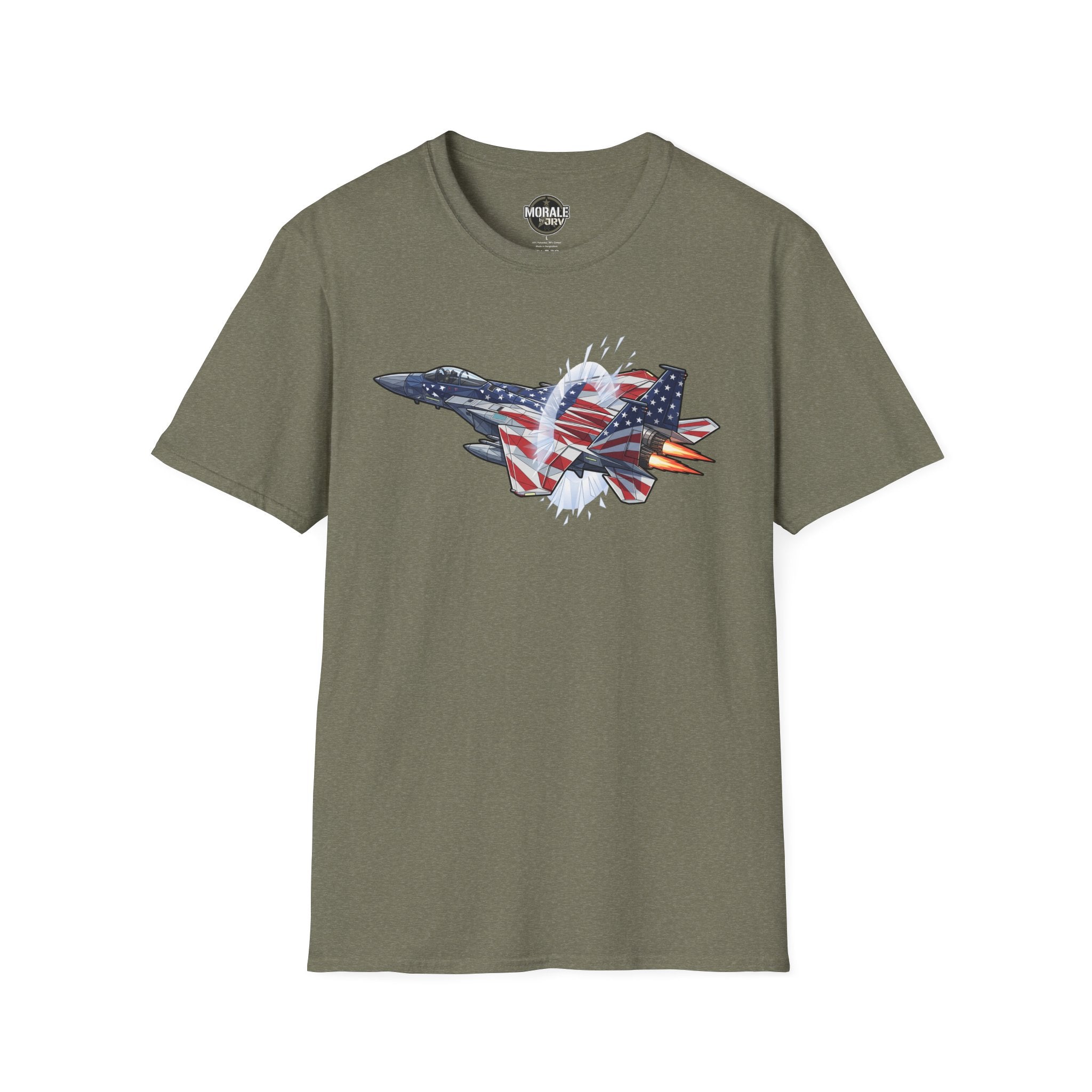 Heather military green T-shirt with American flag fighter jet graphic