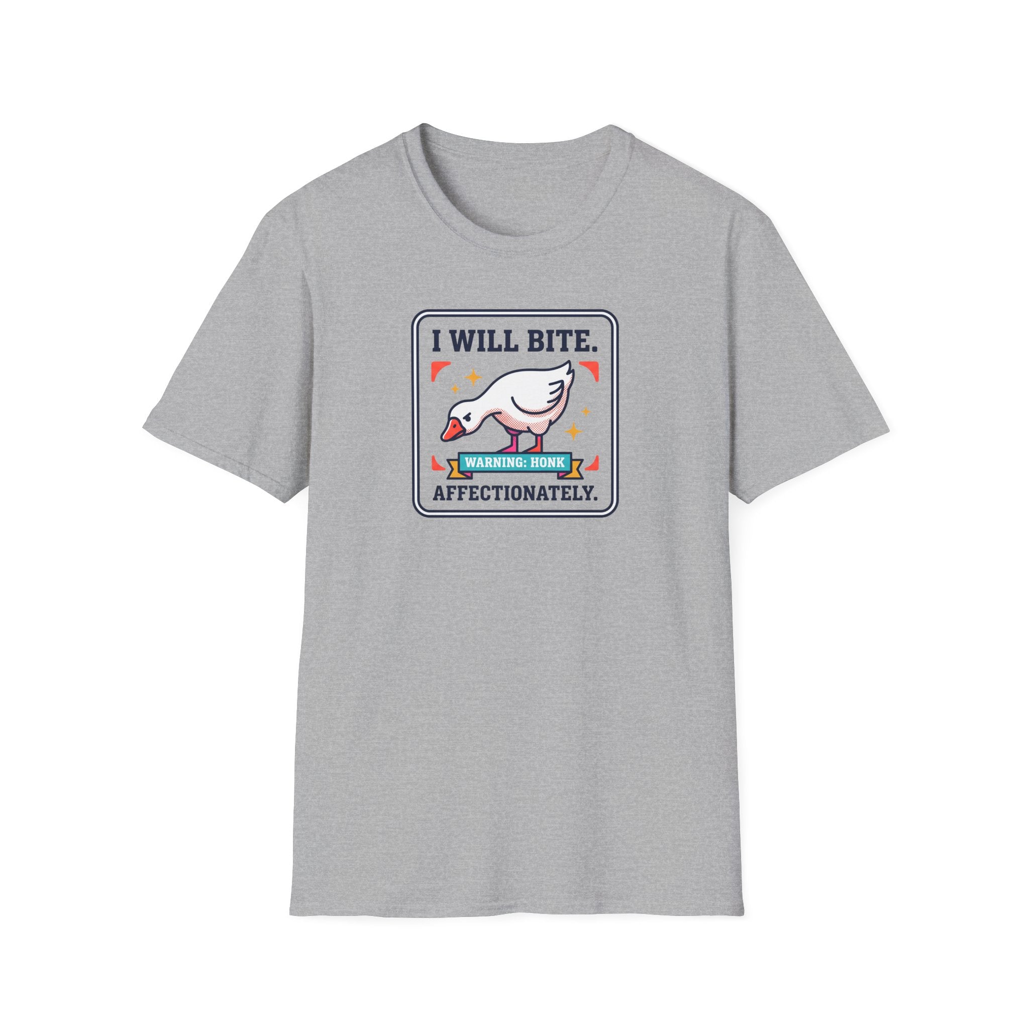 Sport gray T-shirt with centered front graphic: I WILL BITE warning goose