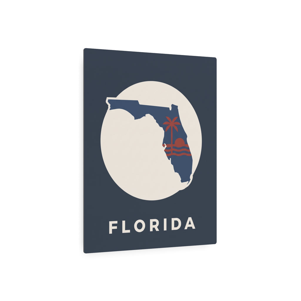 Blue metal art sign with Florida silhouette in white circle and 'FLORIDA' lettering