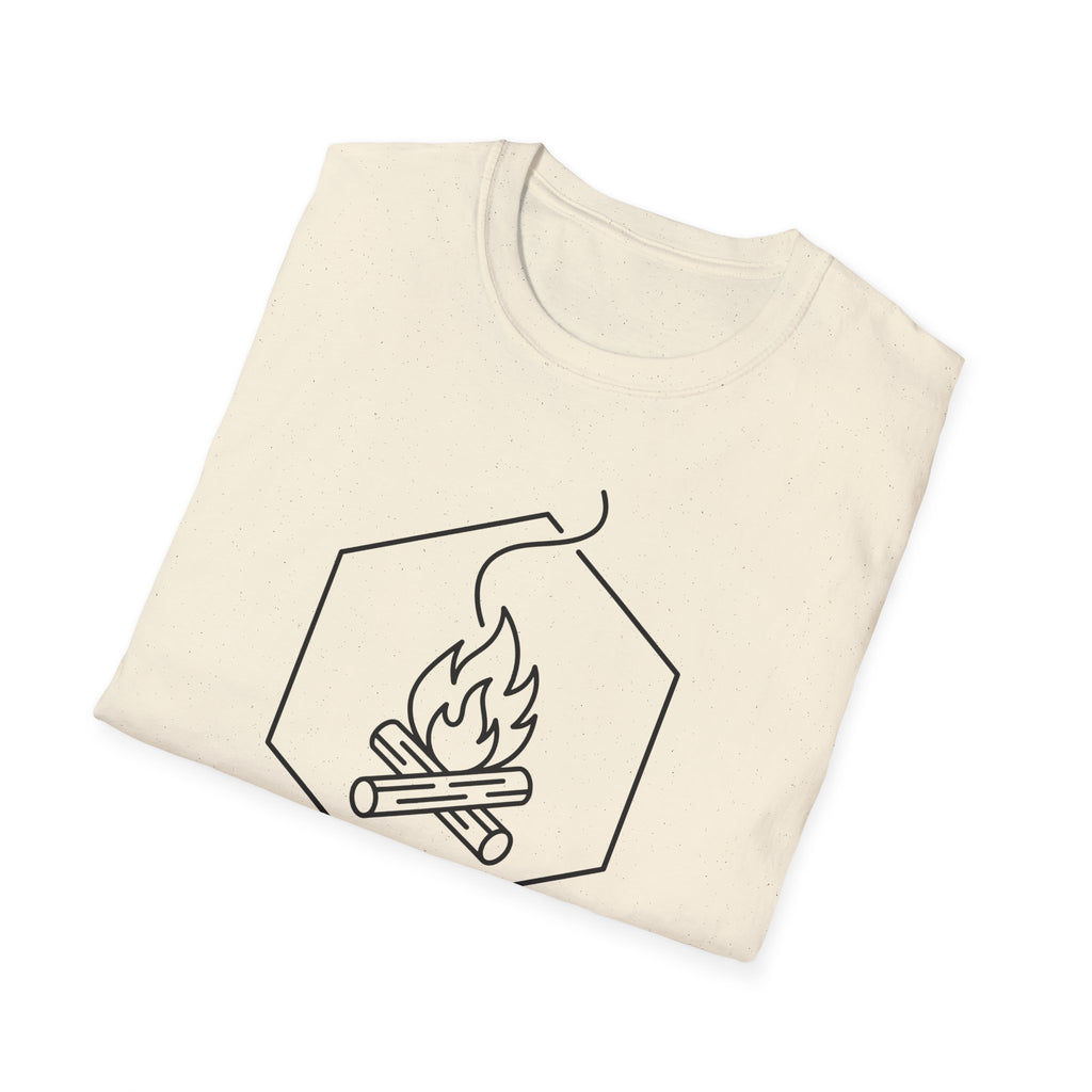 Natural cream T-shirt with front line-art campfire graphic in a hex outline