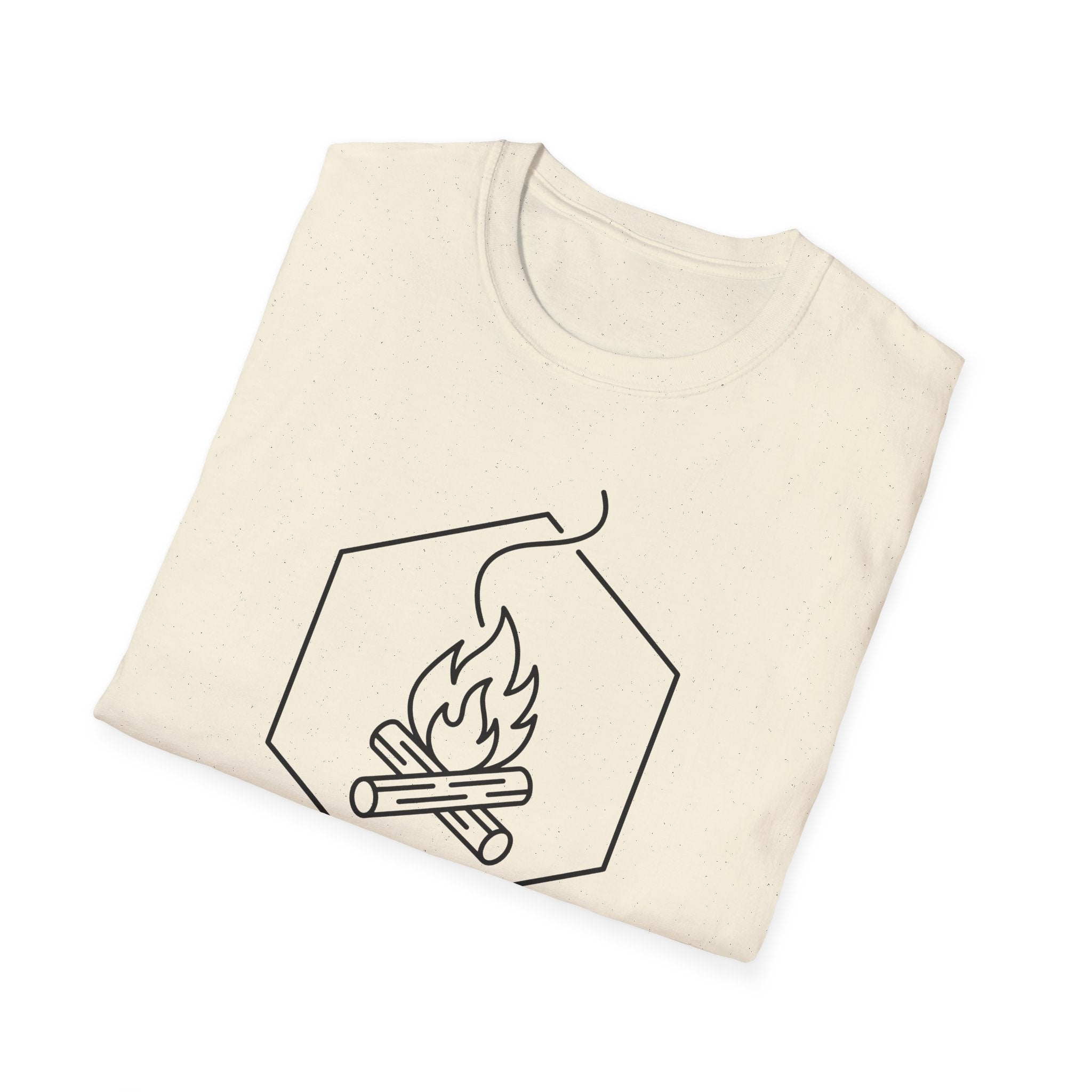 Natural cream T-shirt with front line-art campfire graphic in a hex outline