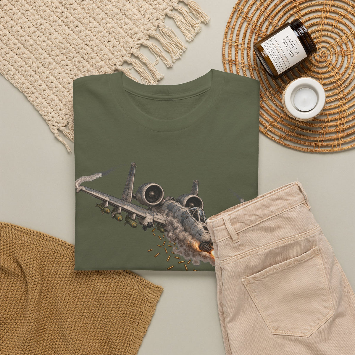 Military green crew-neck T-shirt with front jet graphic