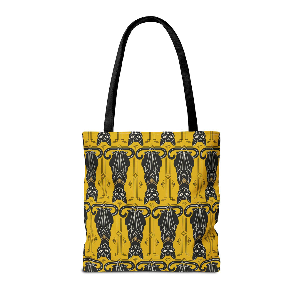 Yellow tote bag with black cat pattern and decorative border; black shoulder straps