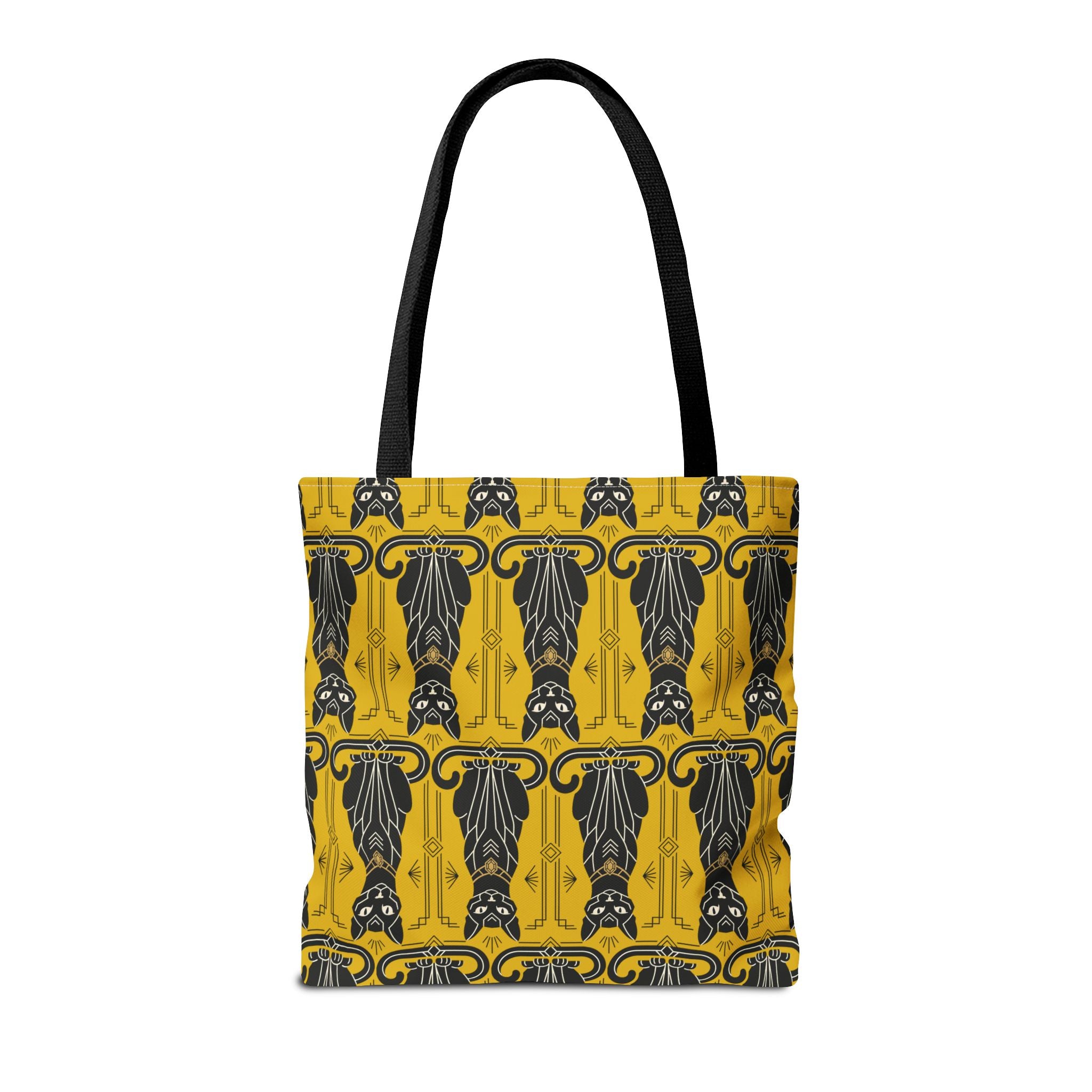 Yellow tote bag with black cat pattern and decorative border; black shoulder straps