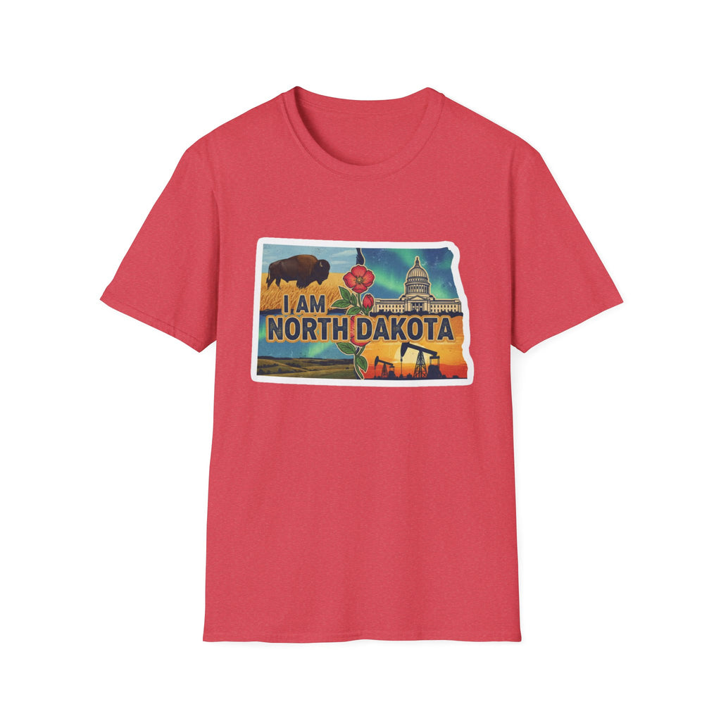 North Dakota T-shirt in red with front state pride graphic featuring capitol