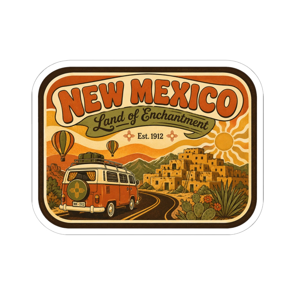 New Mexico Land of Enchantment vintage camper sticker with desert buildings, road, and sun icon