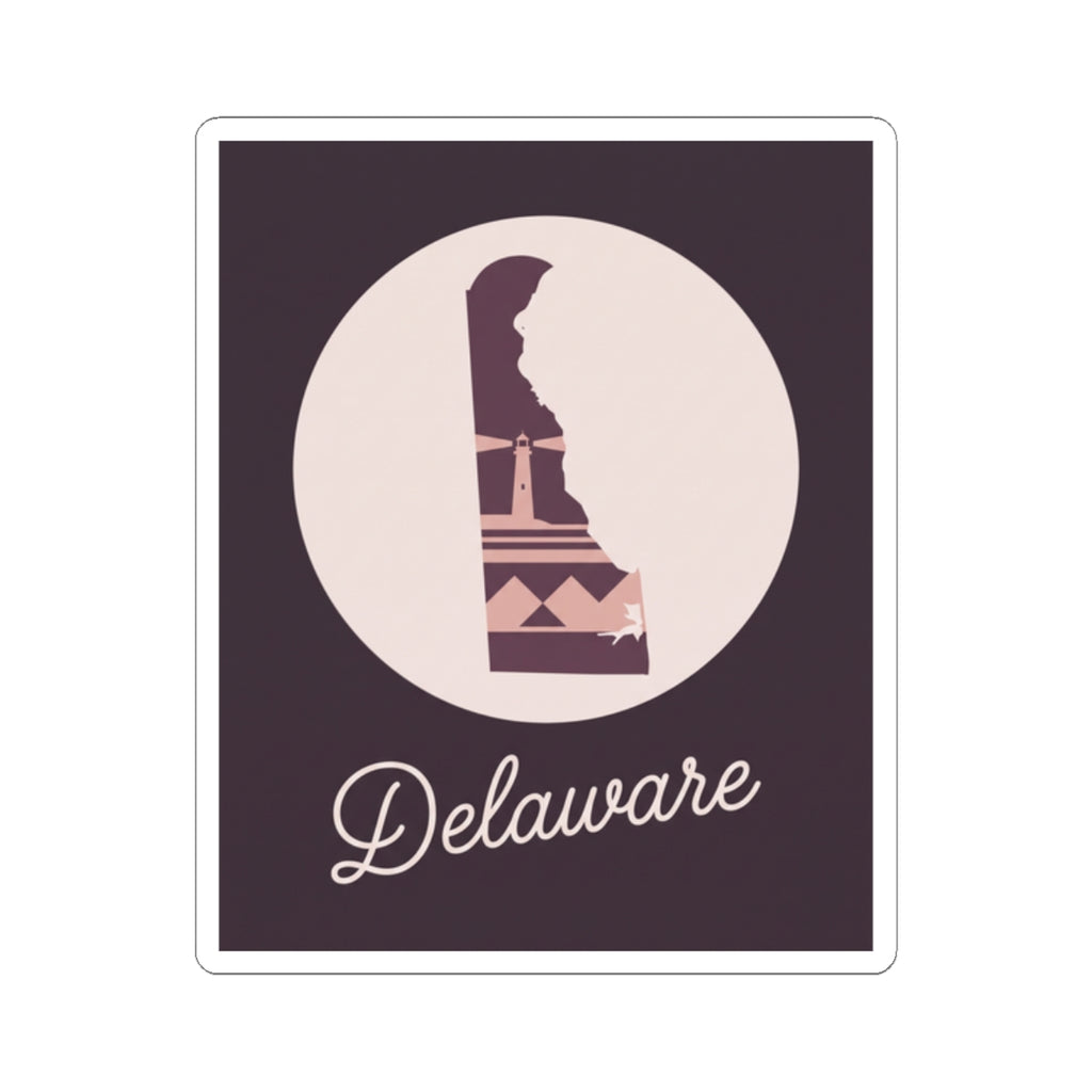 Delaware silhouette vinyl decal, mauve lighthouse in circle with 'Delaware' script on purple