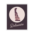 Delaware silhouette vinyl decal, mauve lighthouse in circle with 'Delaware' script on purple