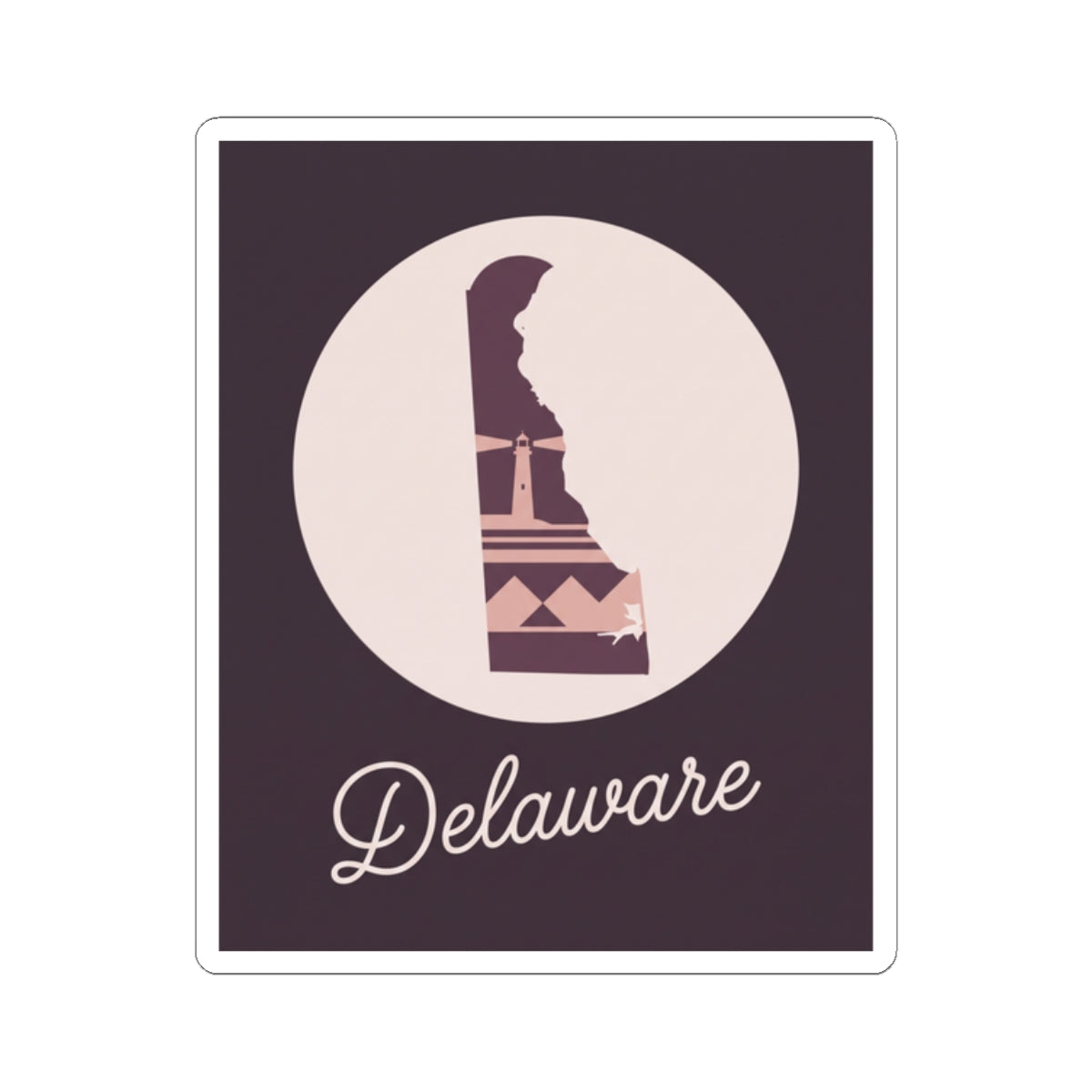 Delaware silhouette vinyl decal, mauve lighthouse in circle with 'Delaware' script on purple