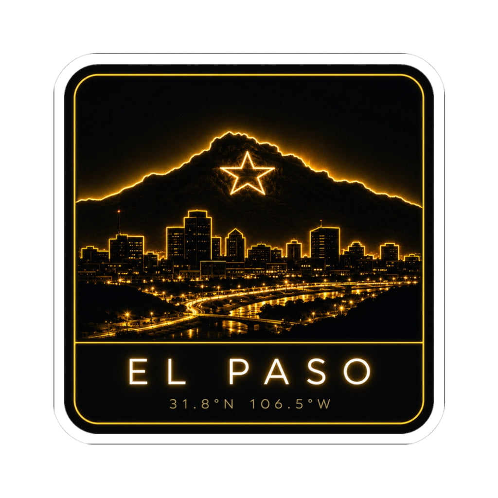 Square kiss-cut sticker with neon El Paso skyline, mountain star outline, and coordinates