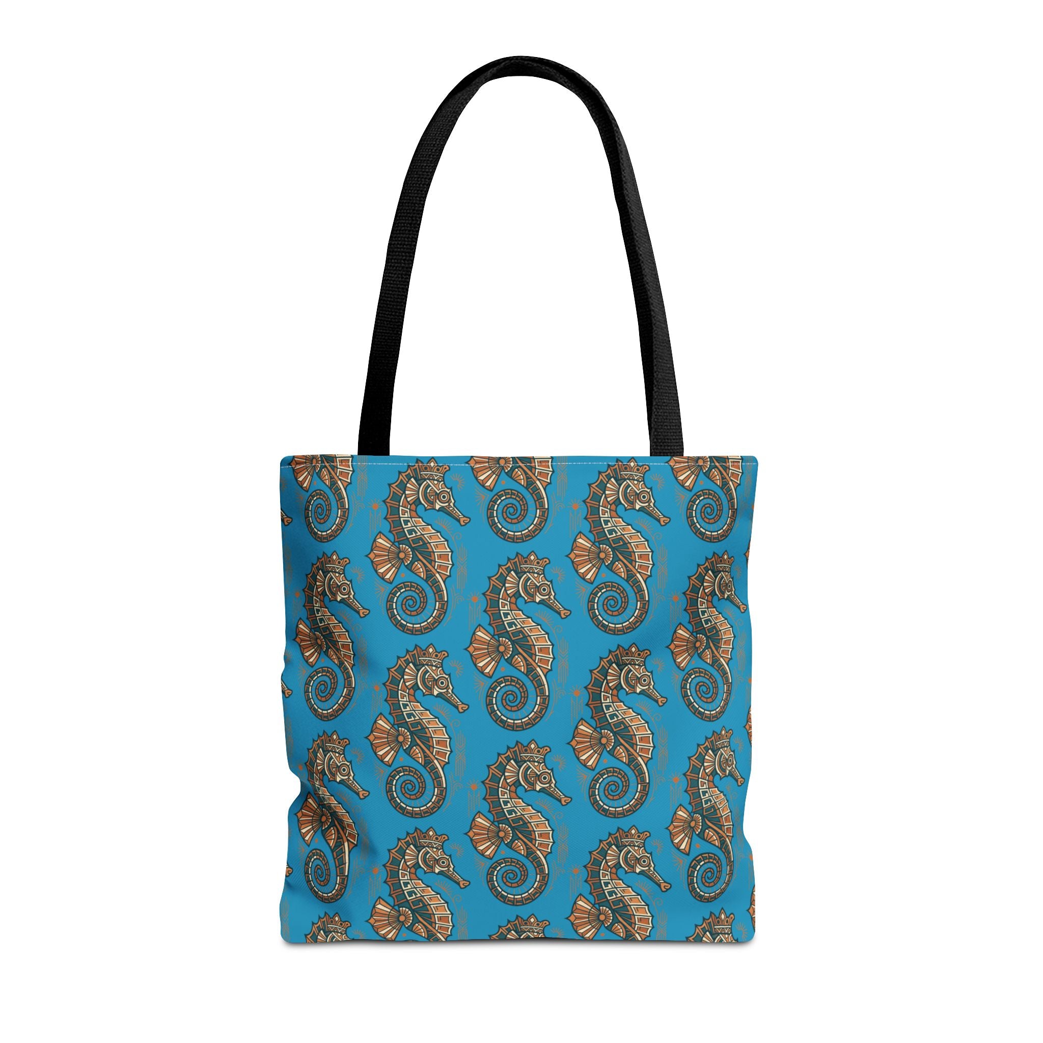 Ocean-blue tote bag with steampunk seahorse pattern and gears, black carry handles