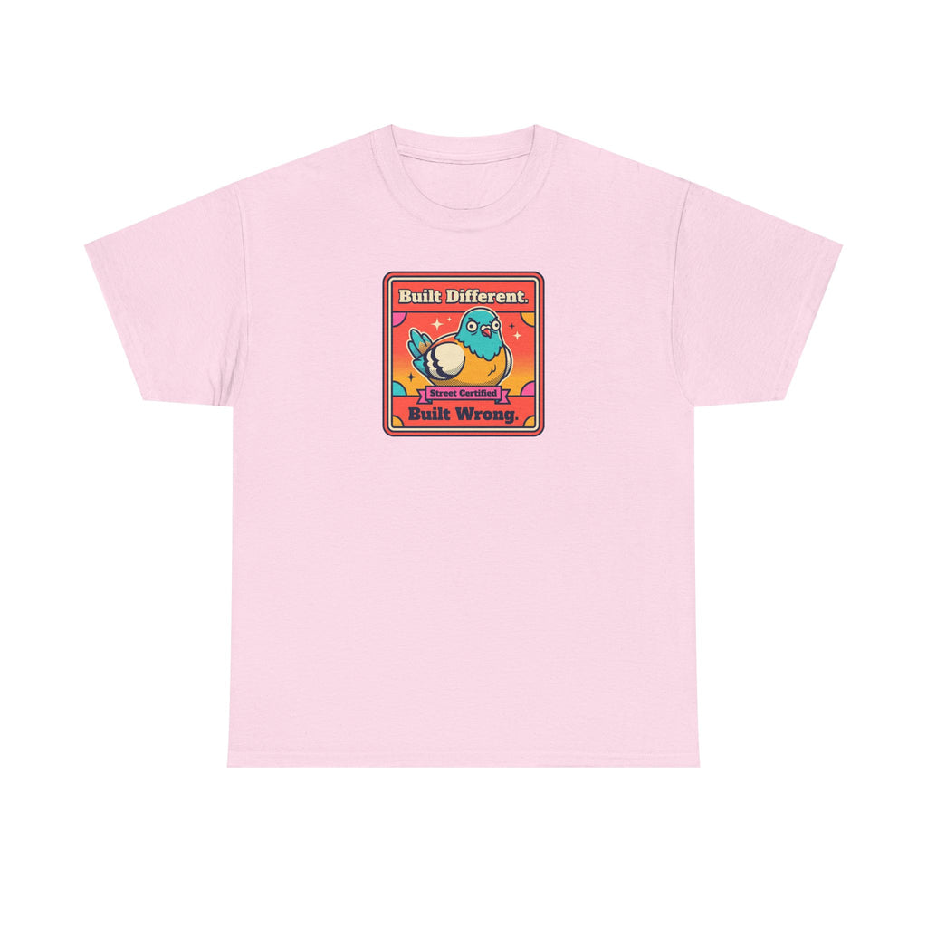 Pink T-shirt with framed robot graphic reading "Built Different" and "Built Wrong"