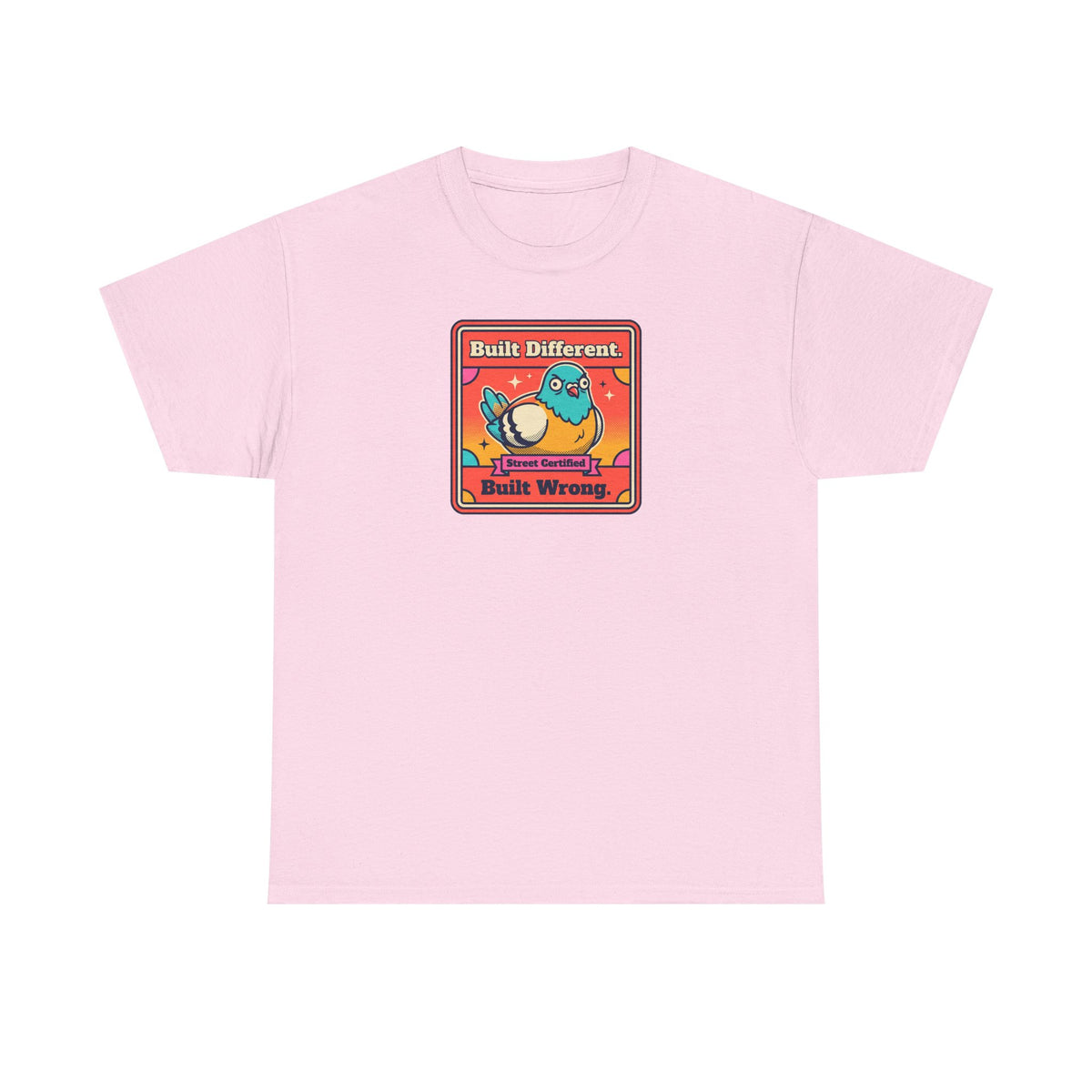 Pink T-shirt with framed robot graphic reading "Built Different" and "Built Wrong"