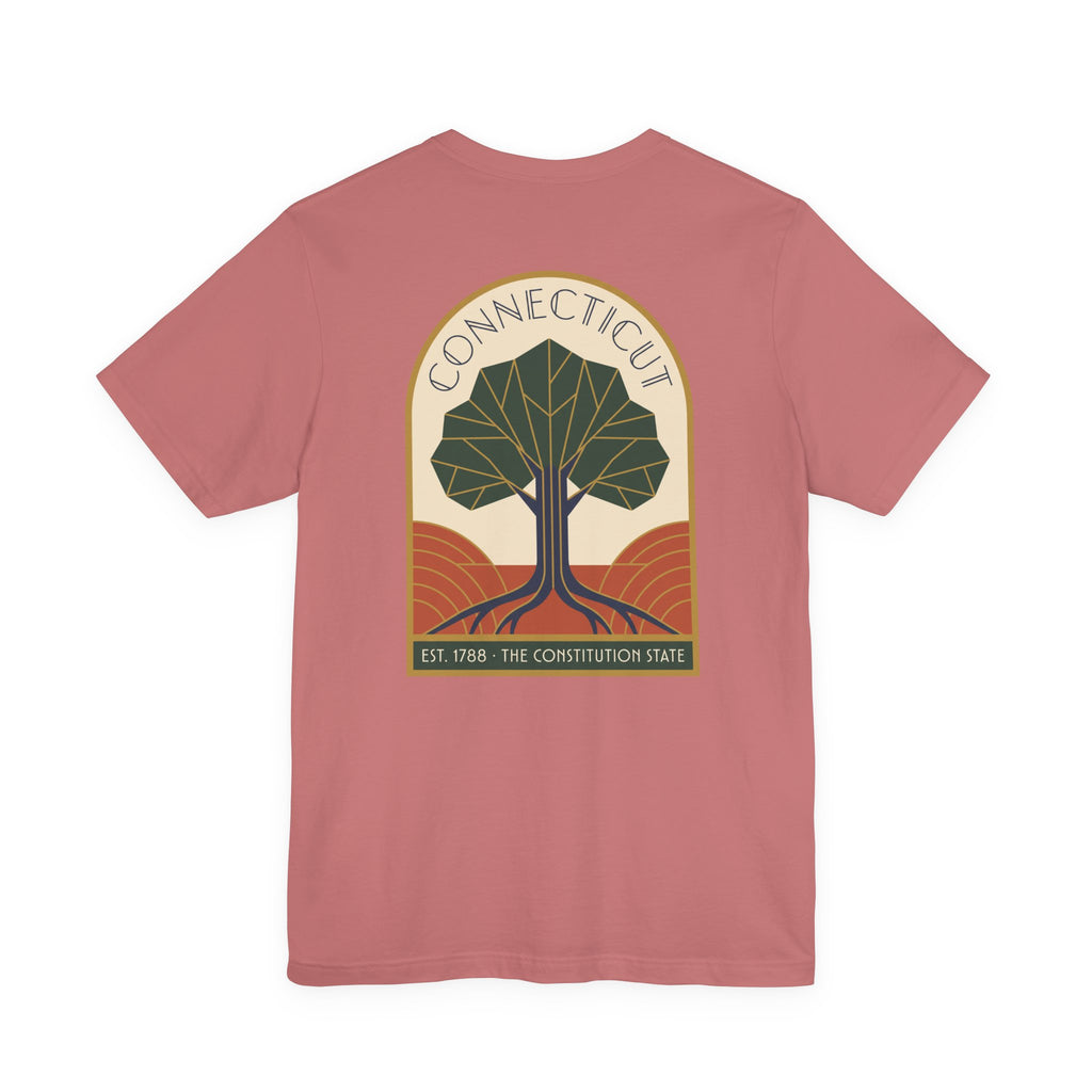 Connecticut tree graphic t-shirt, mauve, front emblem with tree and “Connecticut” text