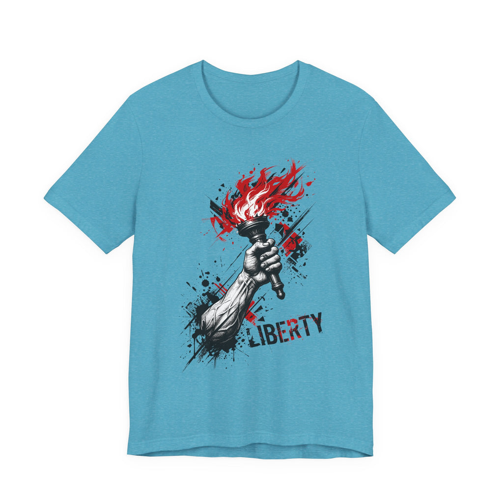 Teal crewneck T-shirt with flaming torch statue graphic and distressed “LIBERTY” text