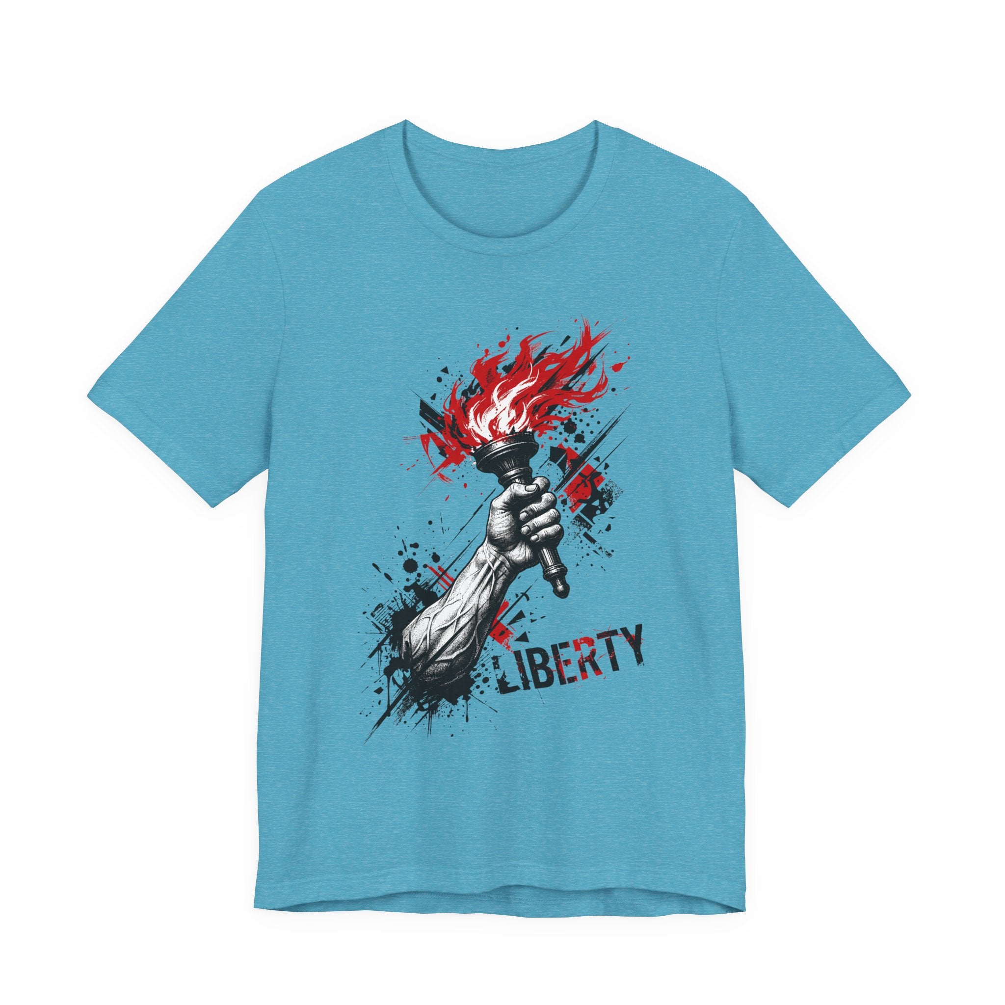 Teal crewneck T-shirt with flaming torch statue graphic and distressed “LIBERTY” text