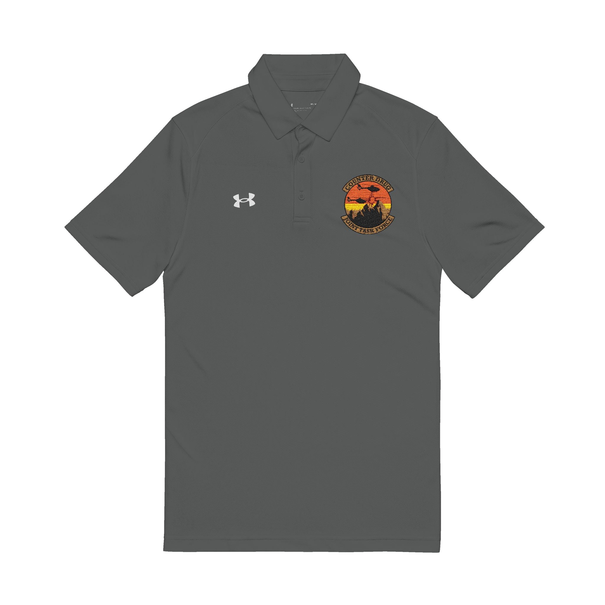Grey men’s performance polo shirt with embroidered crest and UA logo at chest