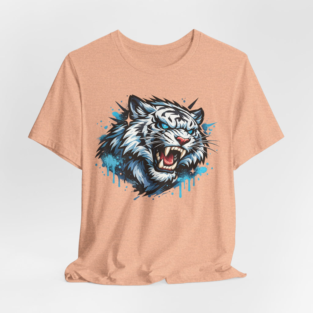 Heather peach t-shirt showing a roaring tiger face graphic with blue splatter drip