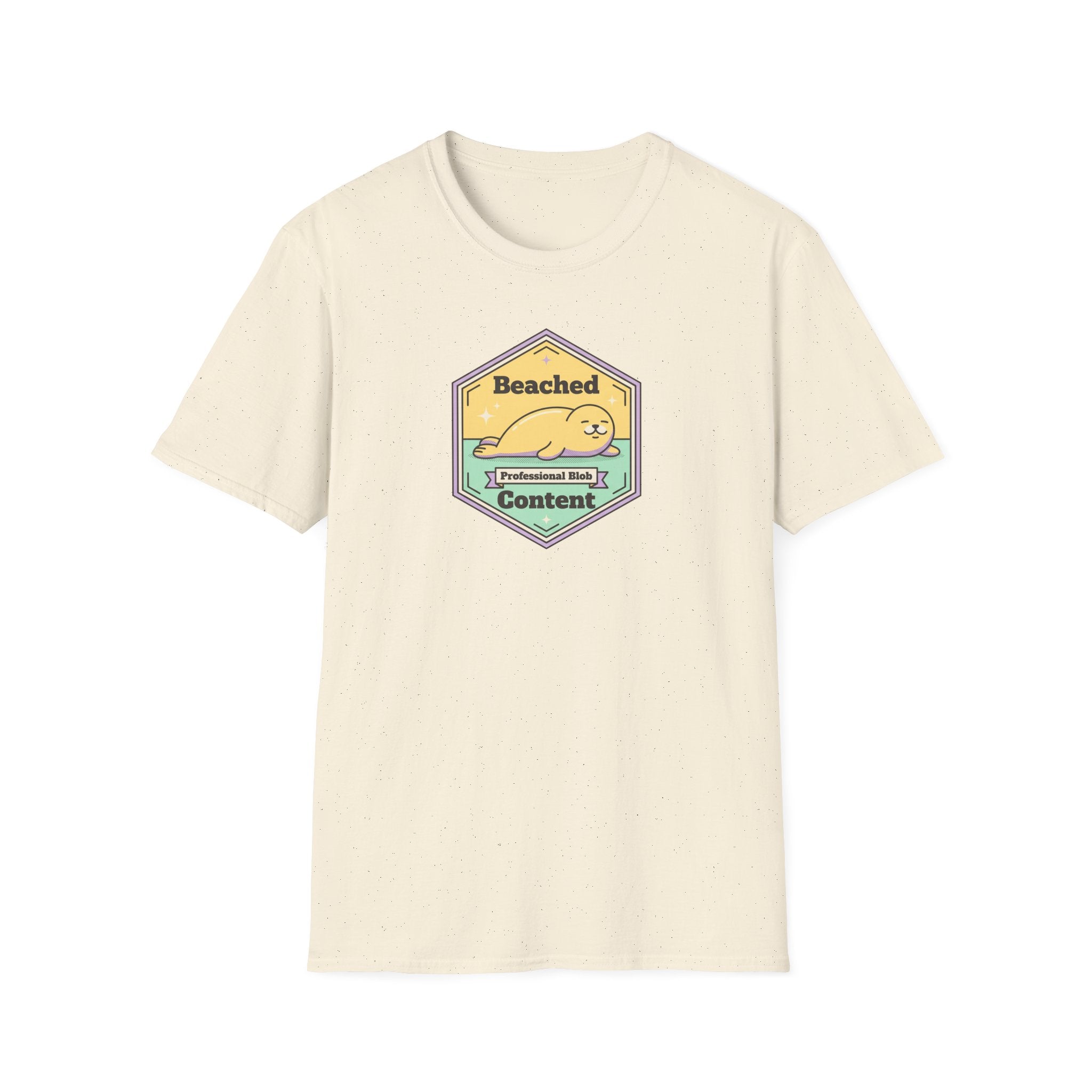 Natural/off-white crew-neck T-shirt with seal badge graphic centered on chest
