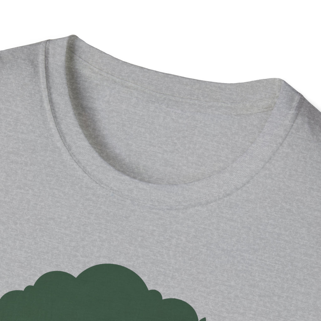 Heather gray T-shirt with green tree graphic, close-up of crew neck
