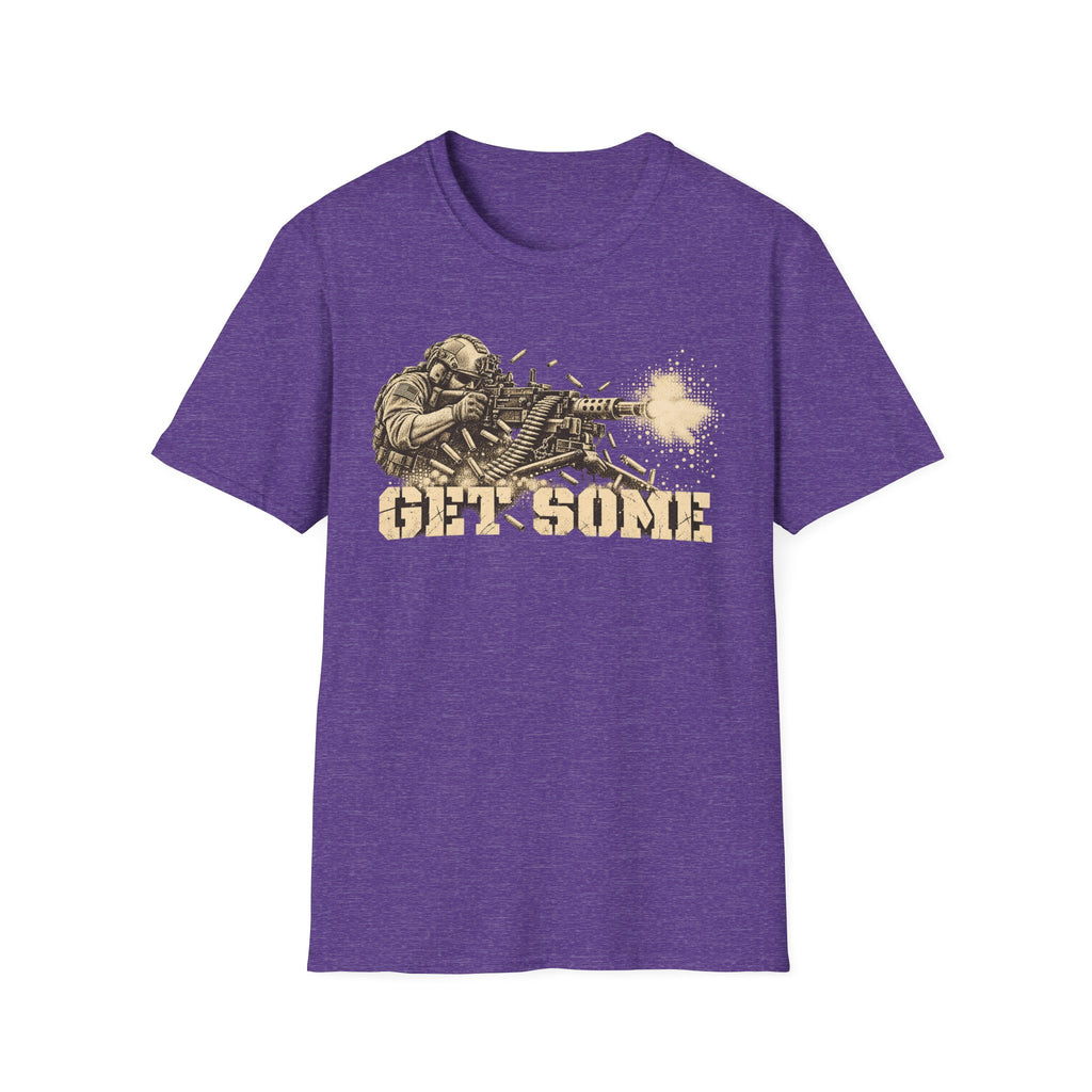 Heather purple crewneck graphic T-shirt with vintage soldier and gun print