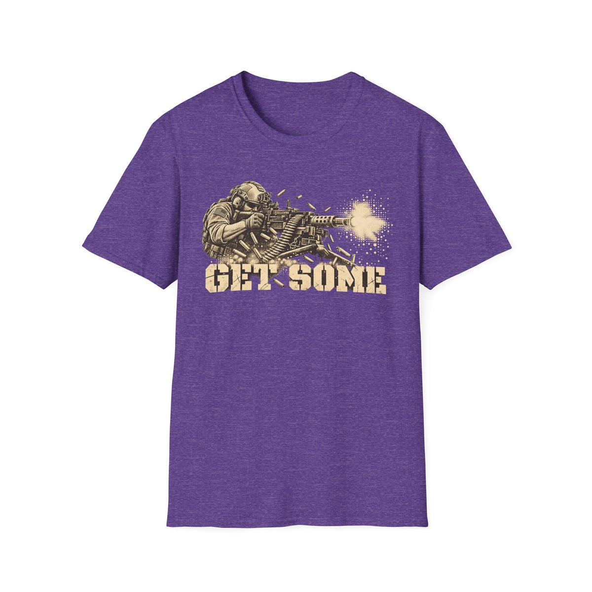 Heather purple crewneck graphic T-shirt with vintage soldier and gun print