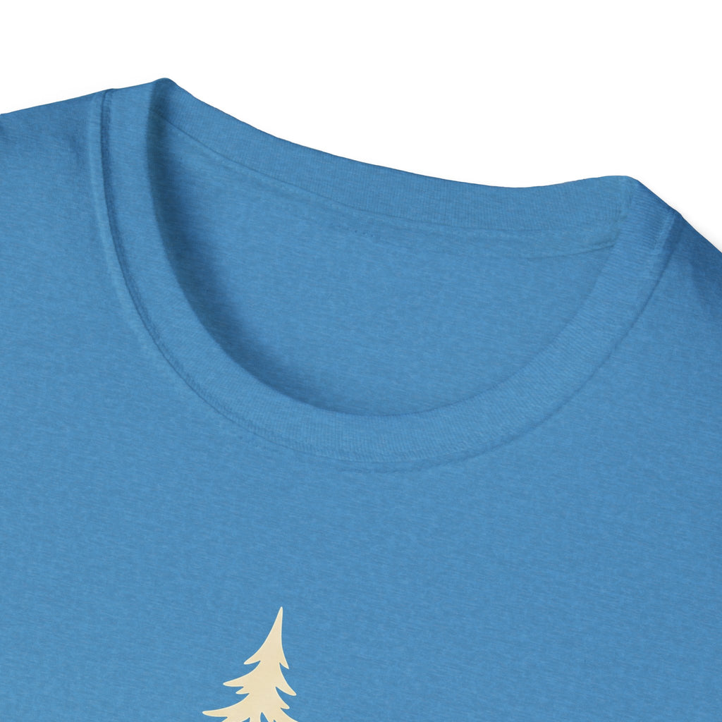Blue T-shirt with small pine tree graphic near the crew neckline