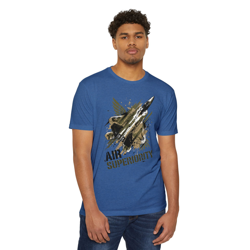 Air superiority jet fighter T-shirt, blue, jet fighter graphic on front, crew neck