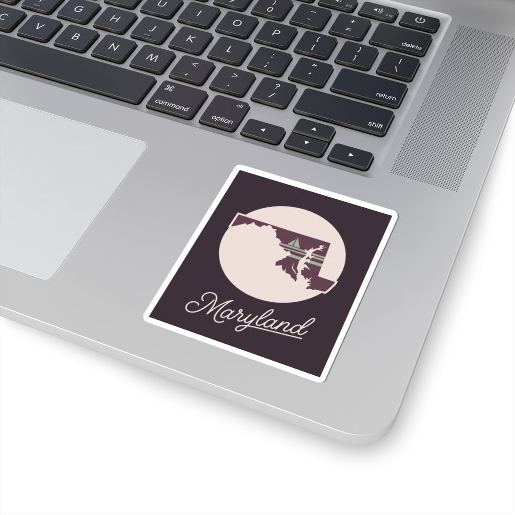 Maryland state silhouette vinyl sticker with circular badge and “Maryland” script, white outline