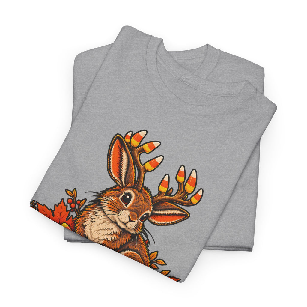 Heather gray crewneck T-shirt with jackalope face and candy corn antlers graphic