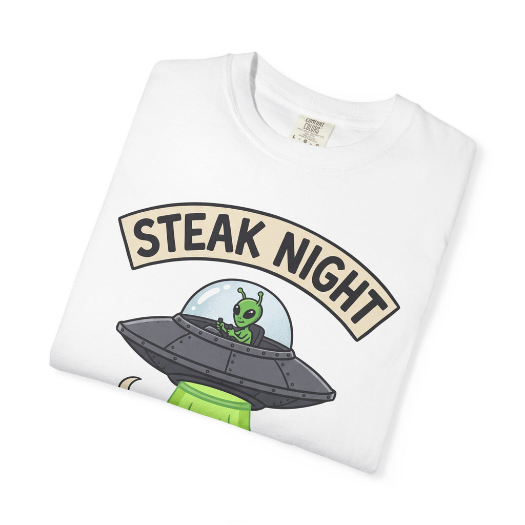 White T-shirt front with Steak Night alien UFO and cow graphic