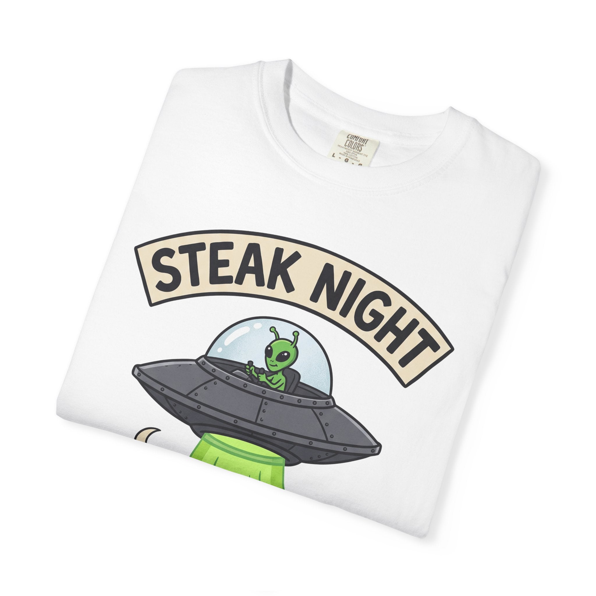 White T-shirt front with Steak Night alien UFO and cow graphic
