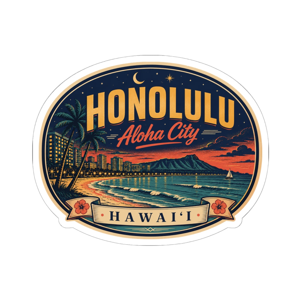 Honolulu luggage tag sticker, oval design with ocean waves, palm trees, and 'Hawai‘i' ribbon