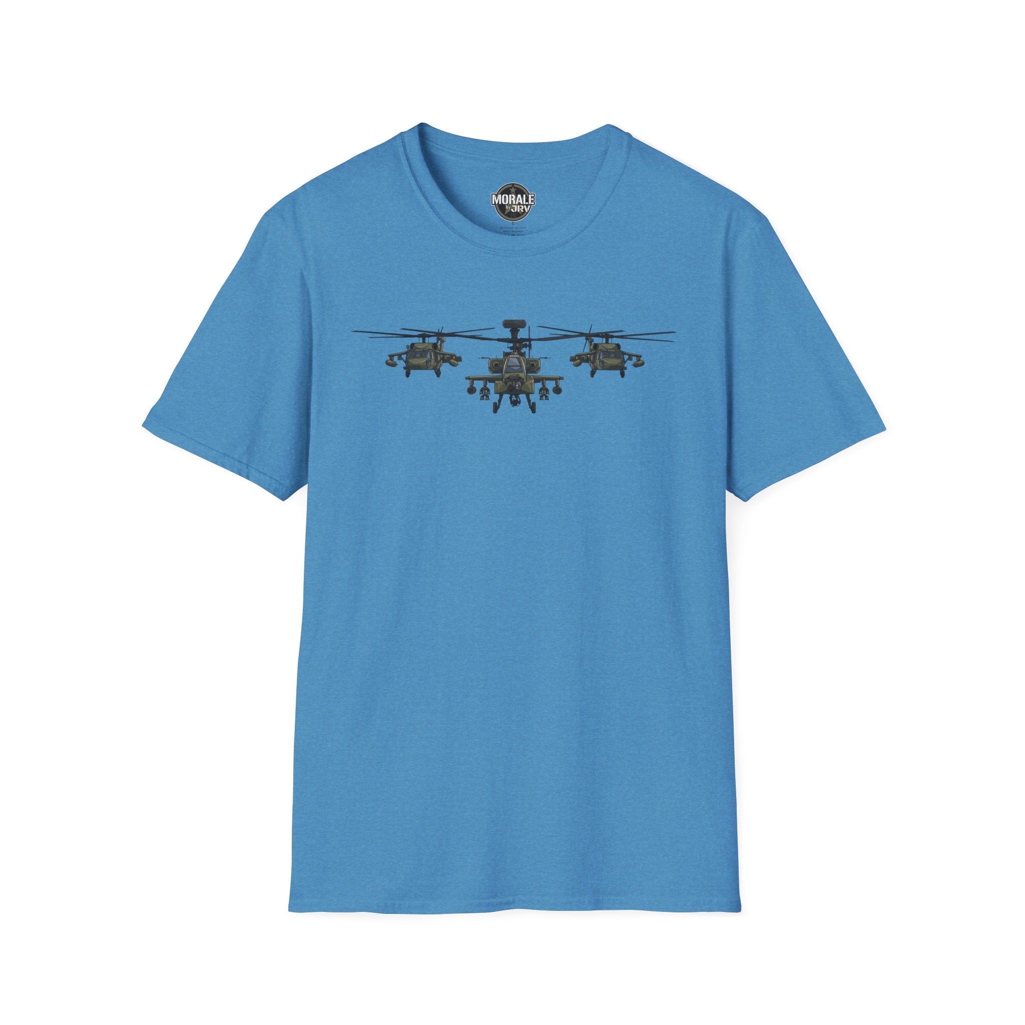 Blue crewneck T-shirt with three-helicopter graphic on the chest