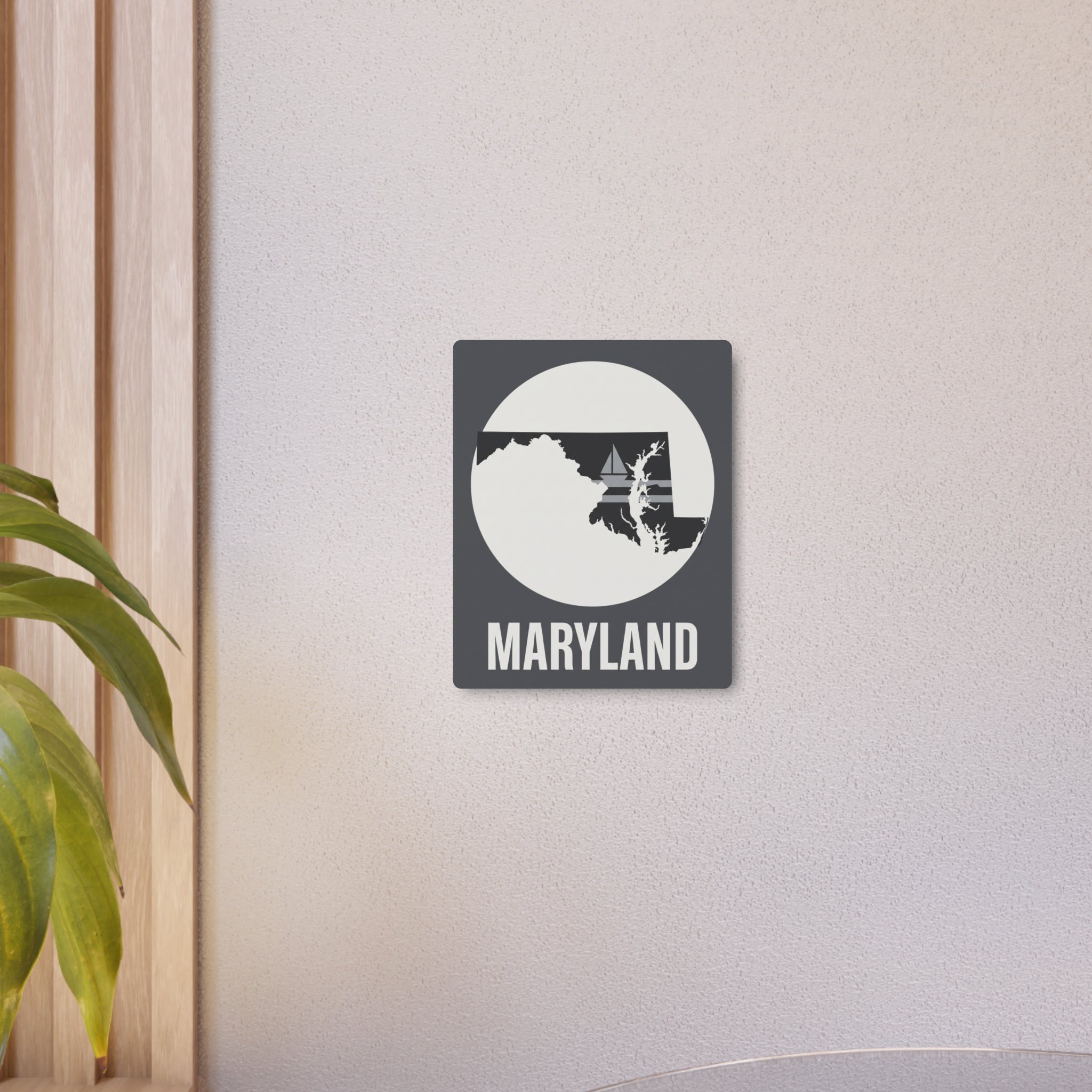 Maryland nautical sailboat metal wall decor sign, dark gray with white circle and MARYLAND