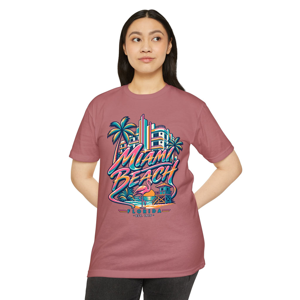 Muted maroon crew-neck T-shirt with Miami Beach palm tree and skyline graphic