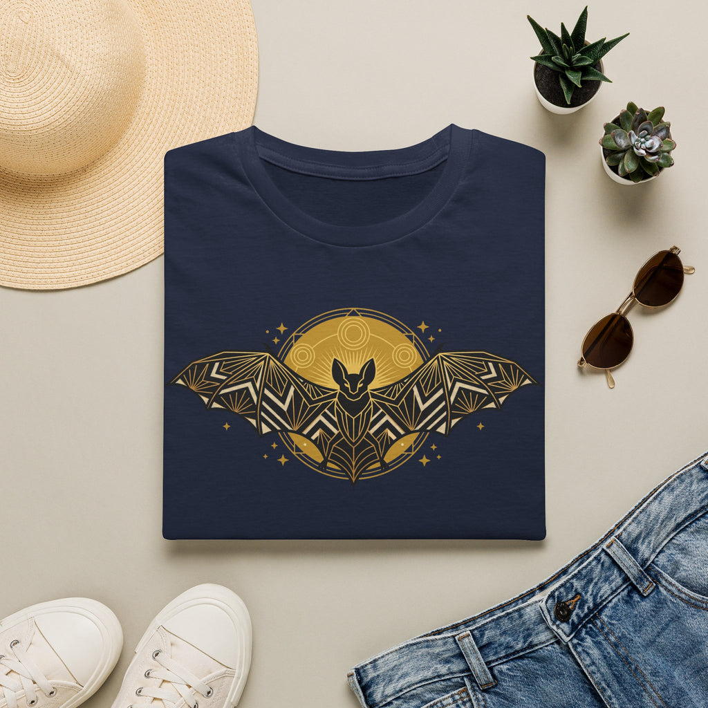 Navy T-shirt with gold geometric bat and moon graphic