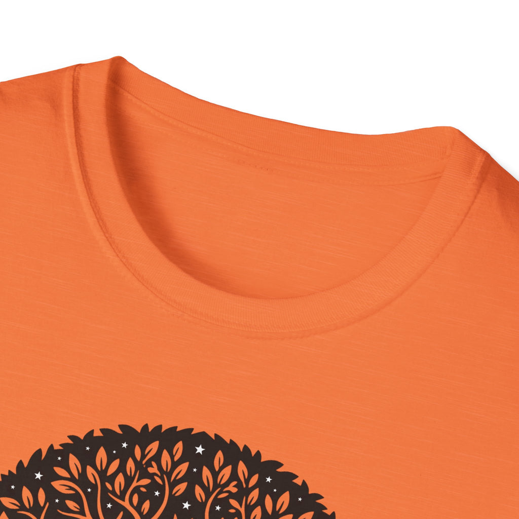 Orange T-shirt with black tree of life graphic, close-up of collar and top artwork
