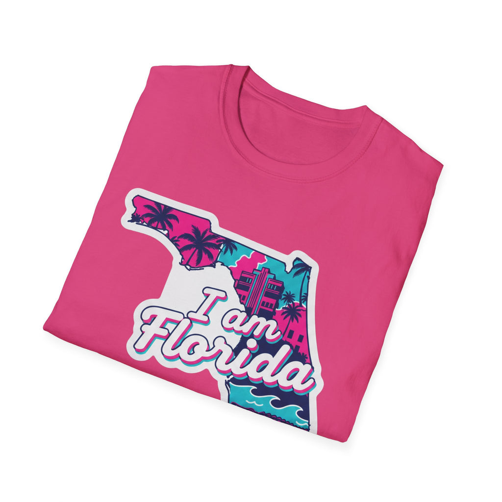 Pink T-shirt with retro Florida map graphic, palms, and “I am Florida” text