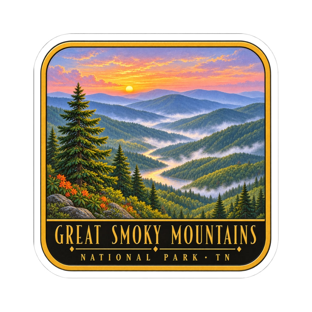 Kiss-cut vinyl decal: bordered mountain valley sunset with Great Smoky Mountains National Park wording.
