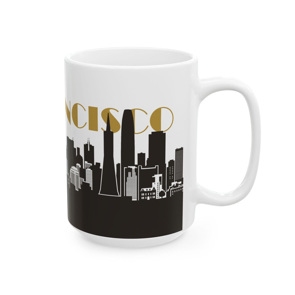 Ceramic mug with partial 'NCISCO' gold lettering and city skyline on black base