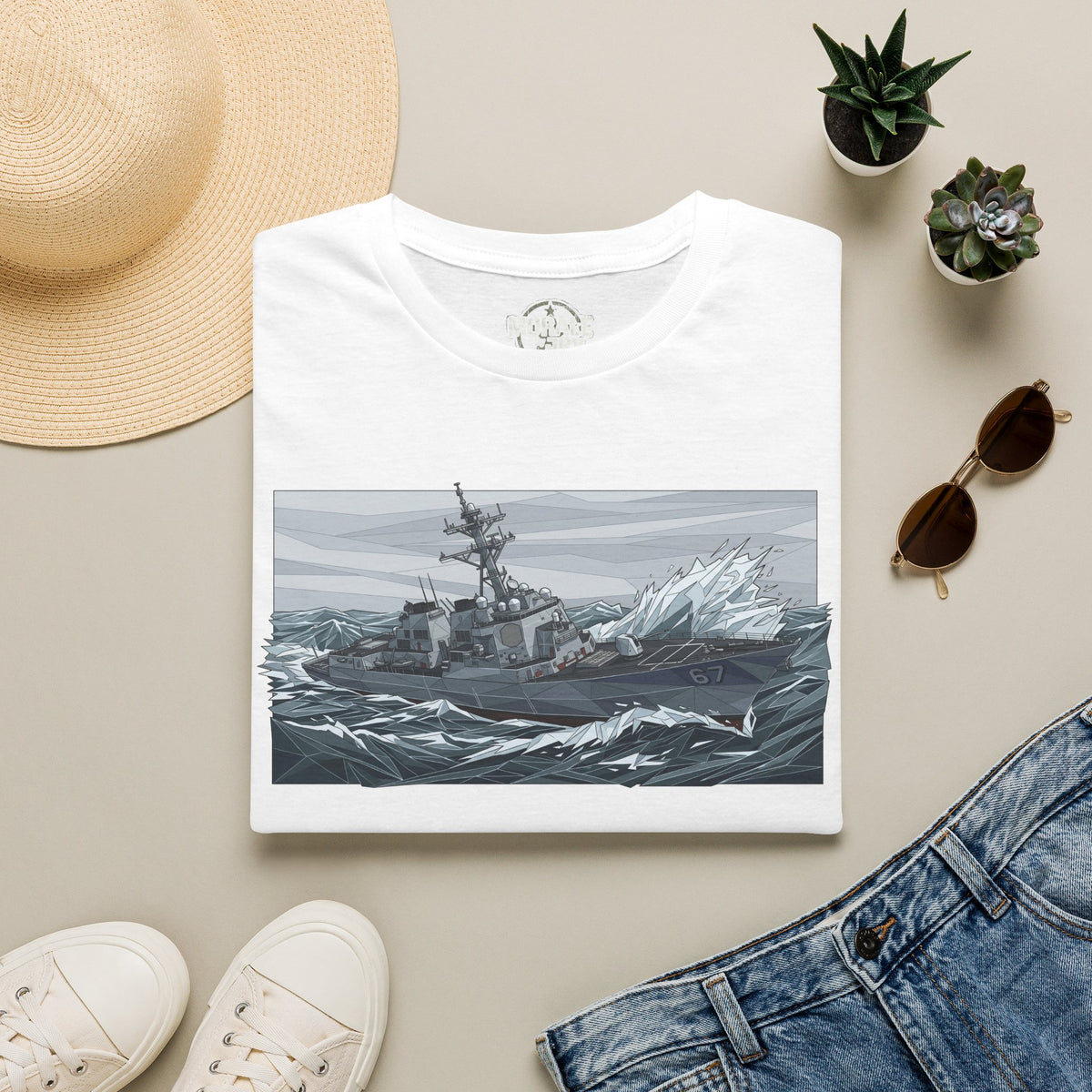 Navy battleship graphic T-shirt with stormy sea artwork on the front