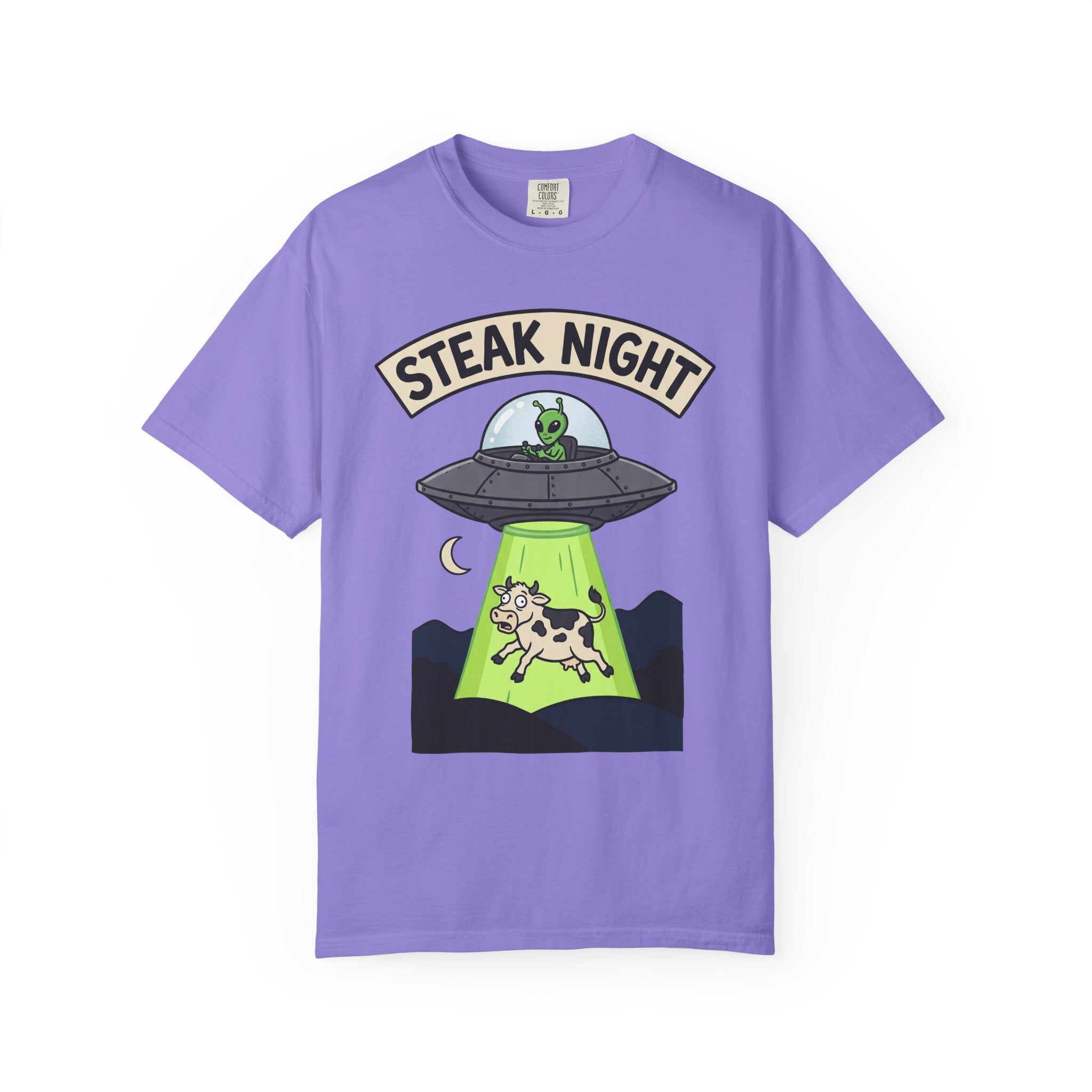 Purple T-shirt front with Steak Night alien UFO and cow graphic