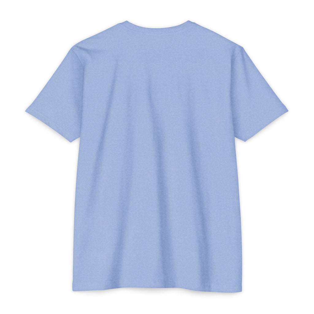 Light blue t-shirt, plain front with no visible graphic, crew neck