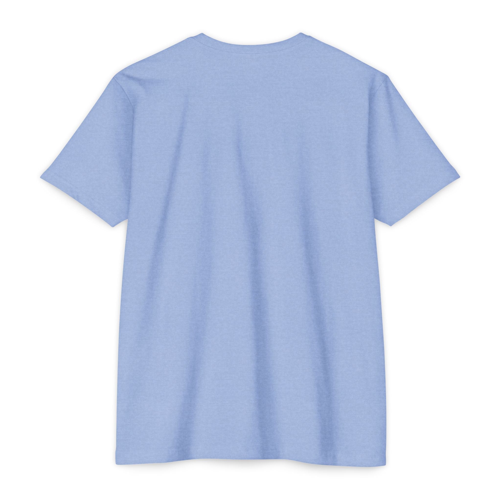 Light blue t-shirt, plain front with no visible graphic, crew neck