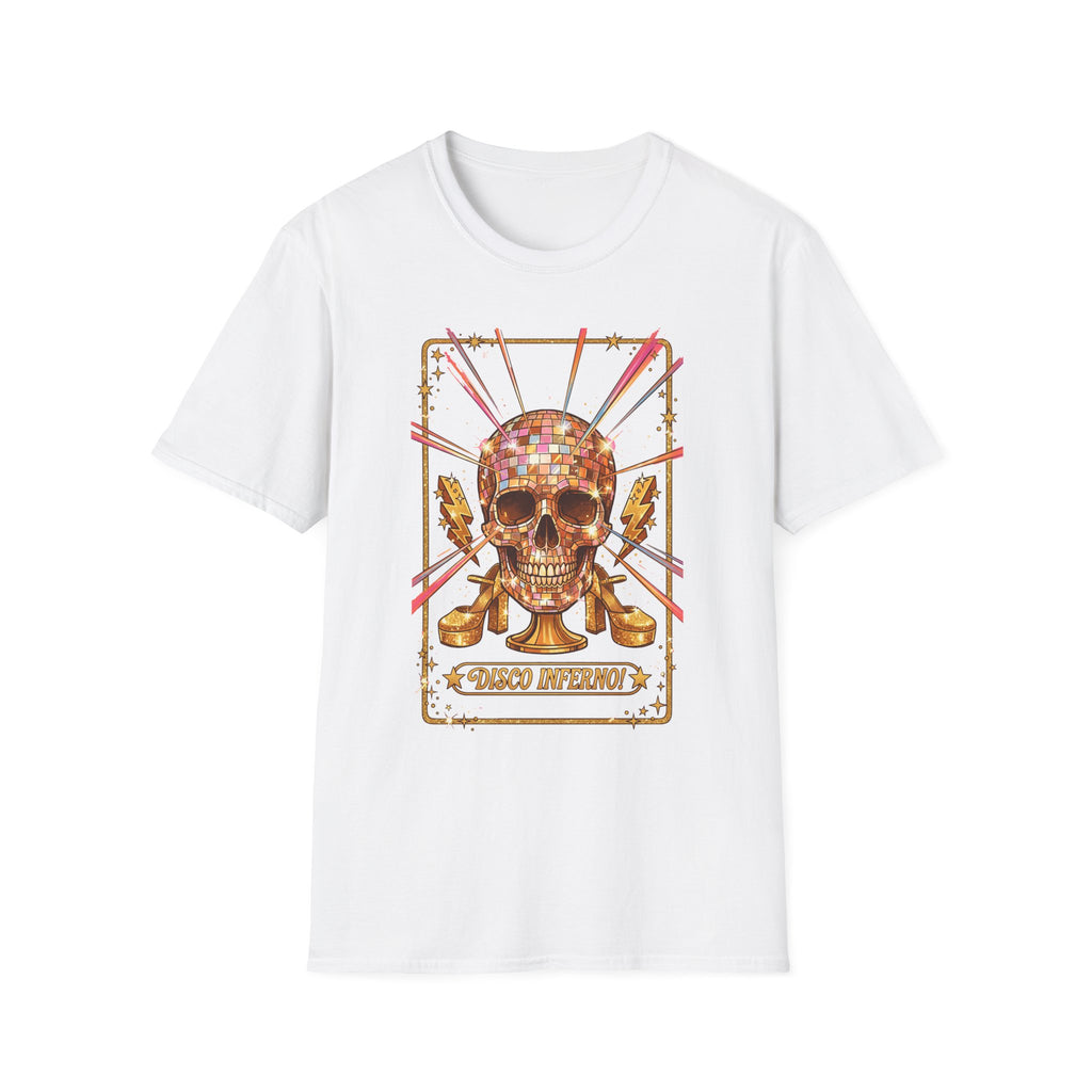 Disco Inferno Skull T-Shirt, white—skull with disco ball and “Disco Inferno” graphic